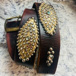 Studded Brown Leather Belt with Gold Accents Below the Belt designer - Crystals